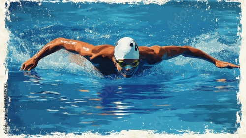Competitor performs butterfly stroke in clear blue swimming pool during a race