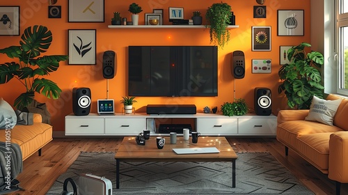 Stylish living room featuring an orange accent wall, a flat-screen TV, speakers, indoor plants, cozy sofas, and decor elements.
