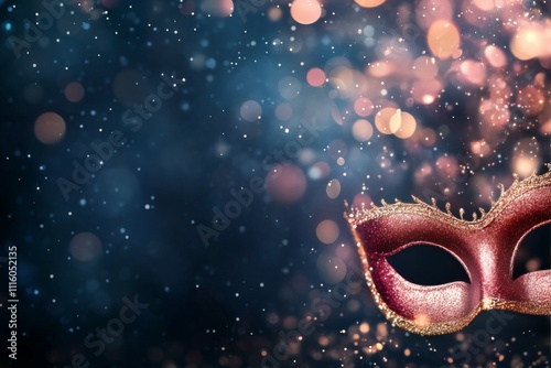 Intricate masquerade mask against a shimmering background of light and color