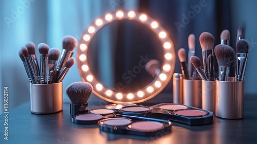Makeup tools and beauty products arranged on a modern vanity with soft lighting