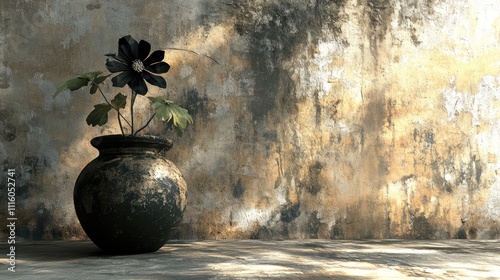 A detailed blue flower stands in a dark vase on a weathered wood surface, set against a grungy beige wall with intricate textures
