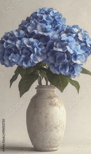 Vibrant blue hydrangeas bloom beautifully in a rustic vase, set against an aged textured wall, capturing a serene and artistic moment
