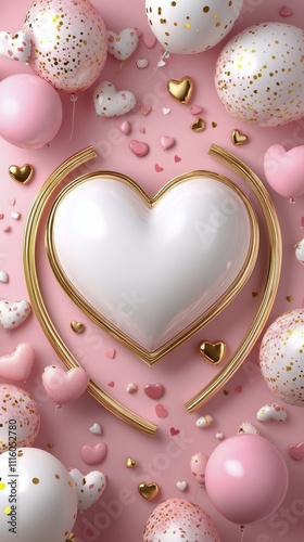 Heart shaped decoration surrounded by colorful balloons and confetti for a ce...