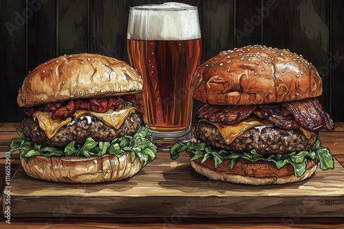 Savory burgers with crispy toppings and a glass of beer on a wooden table