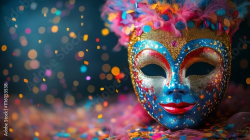 Vibrant decorative mask surrounded by colorful confetti for festive celebration