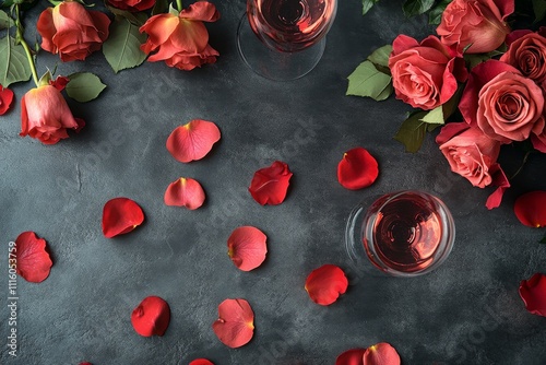Roses and delicate rose petals surround elegant glasses of rose wine on a tex...