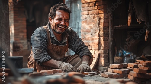 Happy craftsman working with bricks, smiling at his work outdoors. photo