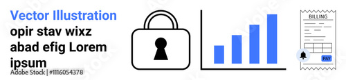 Lock icon for security, ascending bar chart for growth analysis, billing receipt for financial transactions. Ideal for finance, security, data analysis, business growth, financial management, online