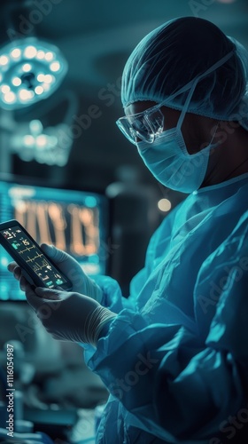 Surgical team member using advanced technology in operating room during a pro...