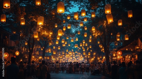 Enchanting lantern festival illuminates street at dusk in charming village se...