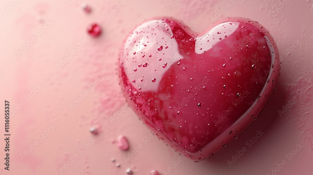 Fototapeta premium Closeup of a Shiny Pink Heart with Water Droplets on Surface