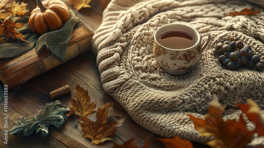 Cozy autumn scene with tea, sweater, pumpkins, leaves, and book. Cozy autumn scene with tea, sweater, pumpkins, leaves, and book.