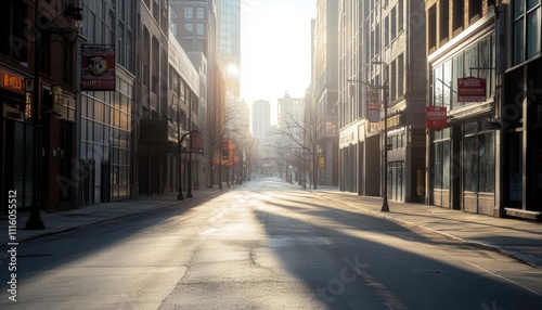 Empty city street illuminated by morning light.