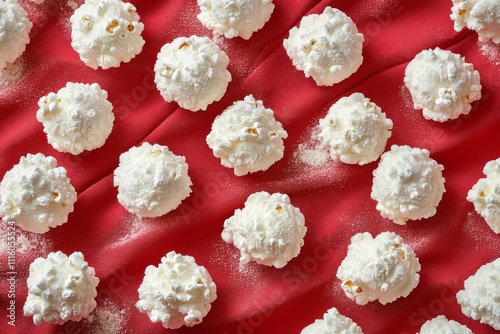 Decorative white snacks arranged on vibrant fabric background for festive gat...