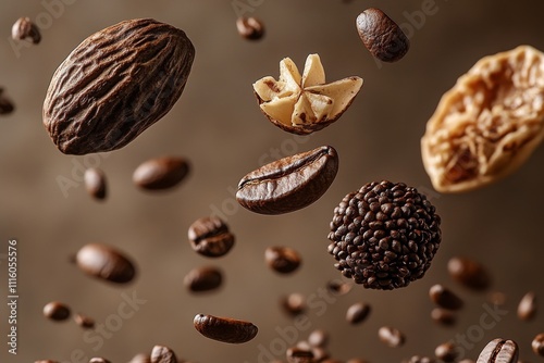 Coffee beans and spices floating against dark background during food photogra...