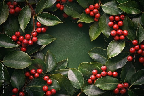 Decorative green background with red berries and leafy branches arranged in a...