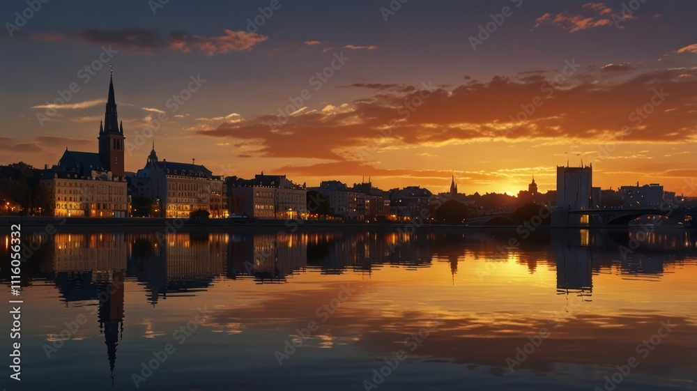 Fototapeta premium City skyline reflected in calm water at sunset.