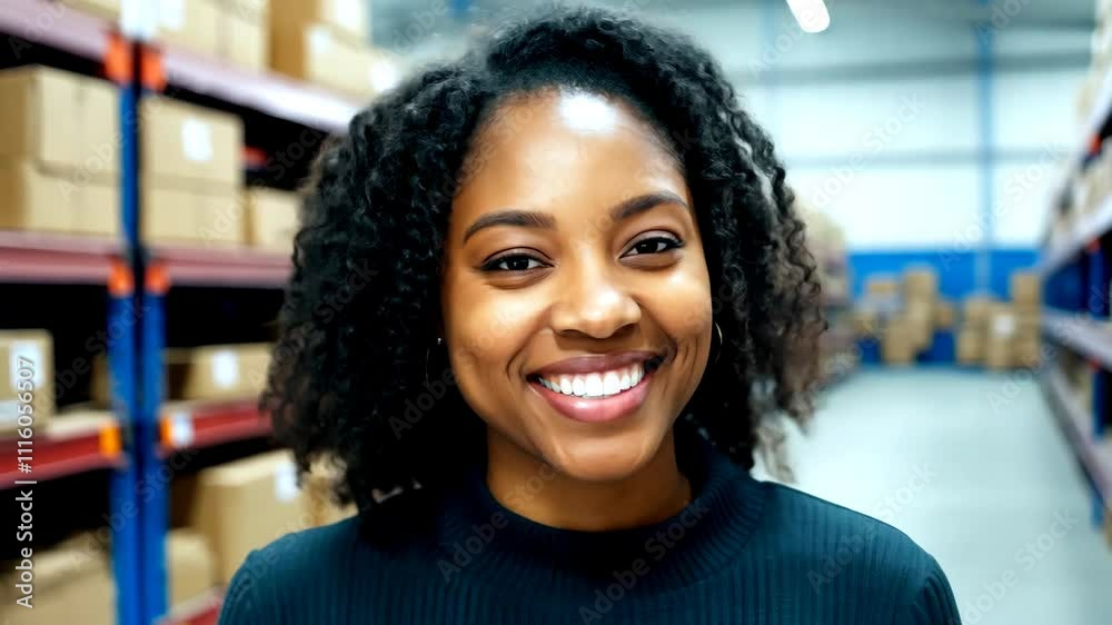 Medium close-up of a smiling young African American woman with curly black hair in a warehouse, conveying confidence and professionalism. Ideal for business, logistics, and diversity themes Medium close-up of a smiling young African American woman with curly black hair in a warehouse, conveying confidence and professionalism. Ideal for business, logistics, and diversity themes