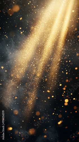 Golden particles shimmer under soft light creating a magical atmosphere in a ...
