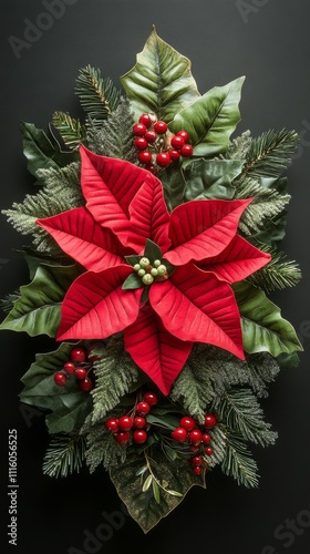 Red poinsettia flower with green berries among festive greenery