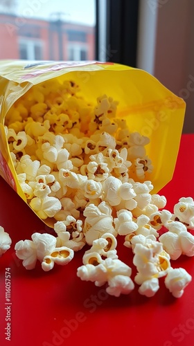 Spilled popcorn spilling from a container on a red surface at a casual setting