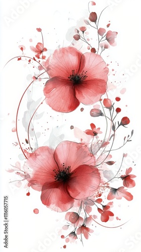 Beautiful watercolor floral design featuring pink flowers and delicate branch...