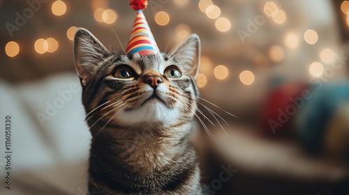 Cat in festive sweater with colorful decorations in cozy room during celebration