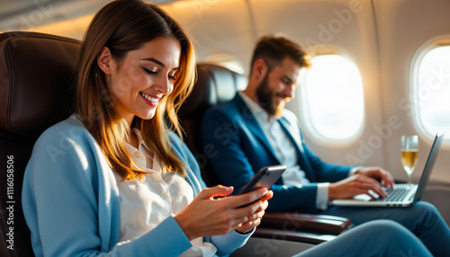 Passengers, airplane and comfort with business class seats for travel, technology and relaxation. Woman, smartphone and man with laptop for work, leisure or flight journey in premium cabin photo