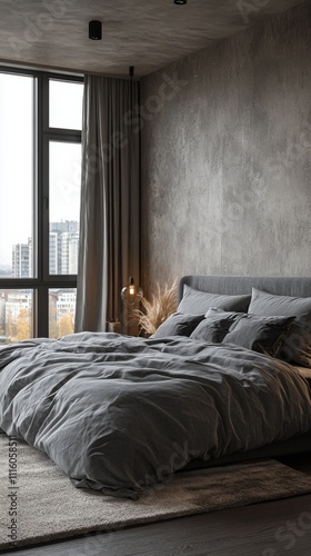 Modern bedroom design with gray bedding and large windows overlooking the city