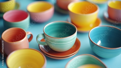 Colorful ceramic cups and bowls displayed on a vibrant blue background, showcasing a variety of pastel tones ideal for kitchen decor and culinary presentations in stylish settings.