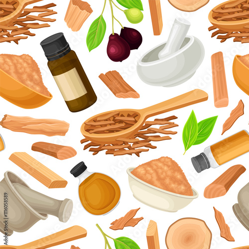 Sandalwood Seamless Pattern Design with Fragrant Sticks and Essential Oil Vector Template