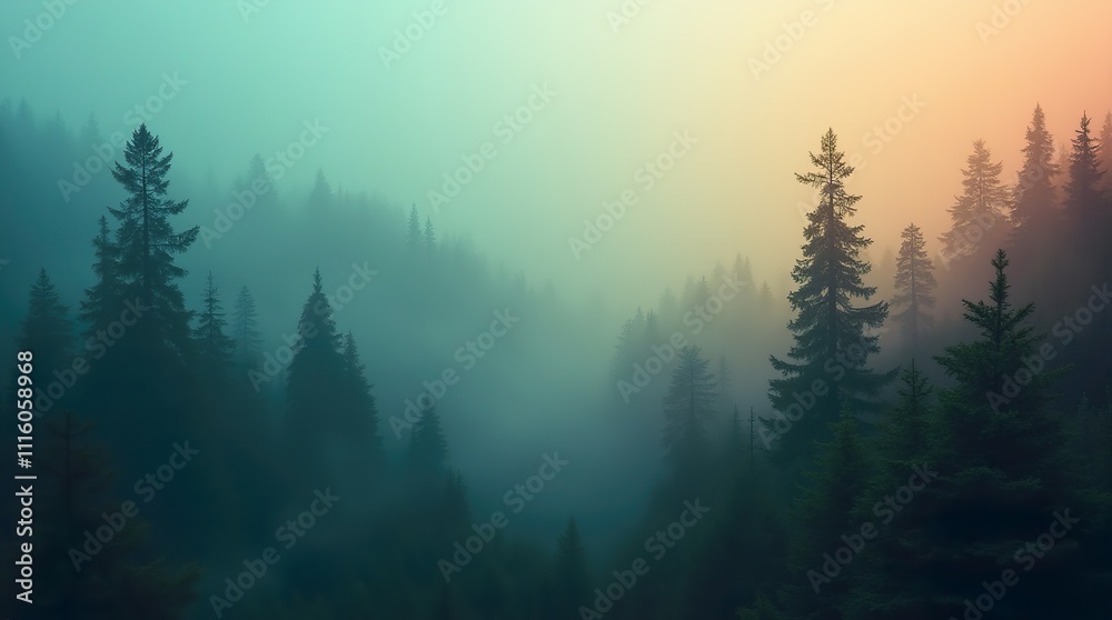 Obraz premium The Enchanted Fir Forest: A Misty Landscape with Vintage Retro Aesthetic, Revealing the Mysterious Beauty of Nature Wrapped in Fog