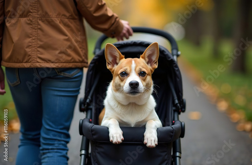 Woman carry pet in stroller, dog walk outside sitting in arriage. AI Generative photo