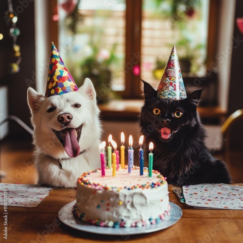 Pets celebrating a birthday with a joyful cake and colorful party hats