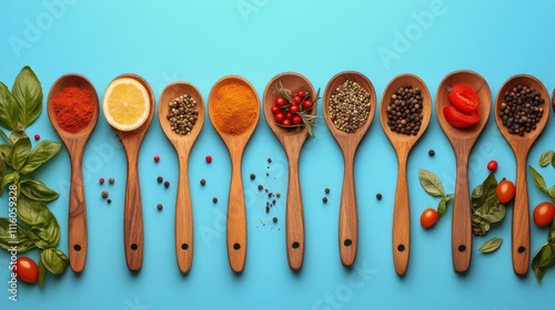 Colorful kitchen utensils arranged neatly on a vibrant surface