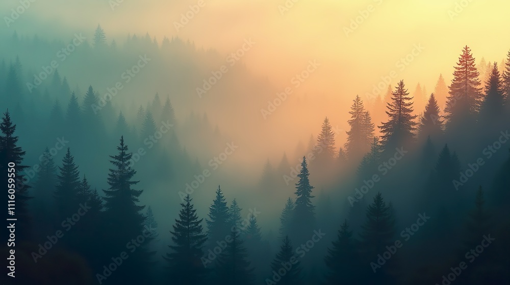 Fototapeta premium Through the Mist: A Fir Forest in Vintage Retro Aesthetic, Unveiling the Enigmatic Beauty of Nature Veiled in Fog