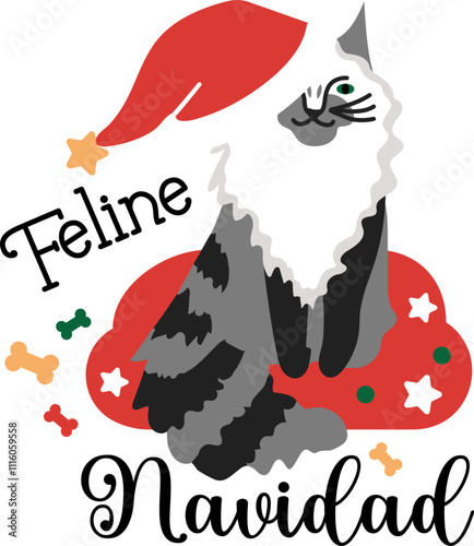 Pet's Christmas. Feline Navidad. Lettering design with cat character and festive elements.