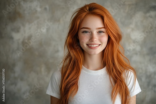 Portrait of a smiling young woman with long red hair against a soft background