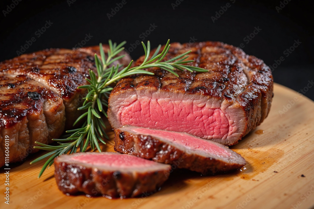 Perfectly cooked steak garnished rosemary wooden cutting board Perfectly cooked steak garnished rosemary wooden cutting board