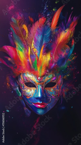 Colorful mask adorned with vibrant feathers and intricate designs at a carniv...
