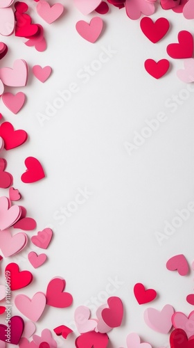 Colorful paper hearts scattered on white background for festive decorations o...