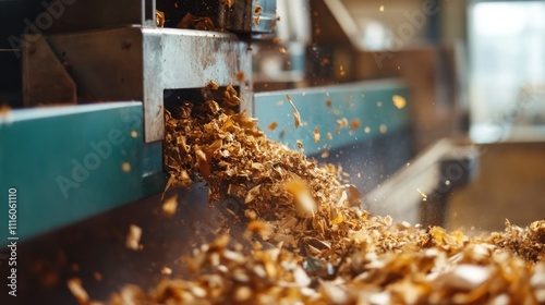 A close-up of the process of converting organic waste into biofuel, with machinery in action. The image illustrates the innovative techniques used in the biomass energy industry, emphasizing the photo