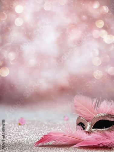 Glittering pink masquerade mask adorned with feathers on a sparkling surface ...