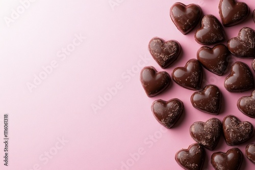 Heart shaped chocolate candies arranged artistically on a pink background for...