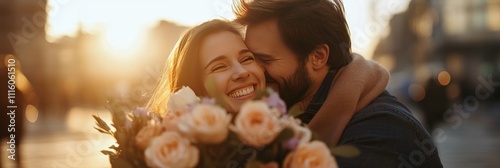 Couple embraces at sunset with bouquet of roses creating a romantic moment