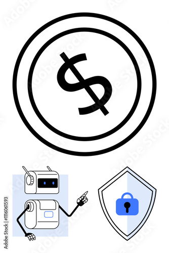 Dollar symbol circle robot pointing at shield lock. Ideal for finance, security, technology, cryptocurrency, digital safety, investment, automation. Symbolizes monetary protection. Line metaphor