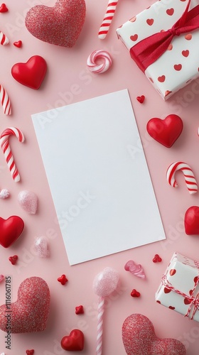 Festive arrangement of Valentine decorations and gifts with blank space for p...