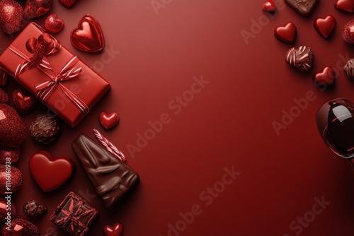 Romantic gift idea with red wine and chocolates on a textured red background