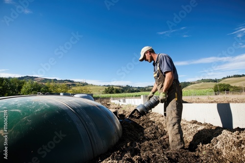 A farmer loading organic material into a biomass digester in a rural setting. The image captures the hands-on approach of using agricultural waste for renewable energy production. photo