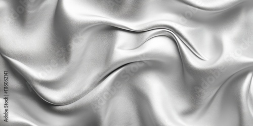 Elegant silver fabric drapes gracefully, showcasing intricate textures and smooth waves in soft light